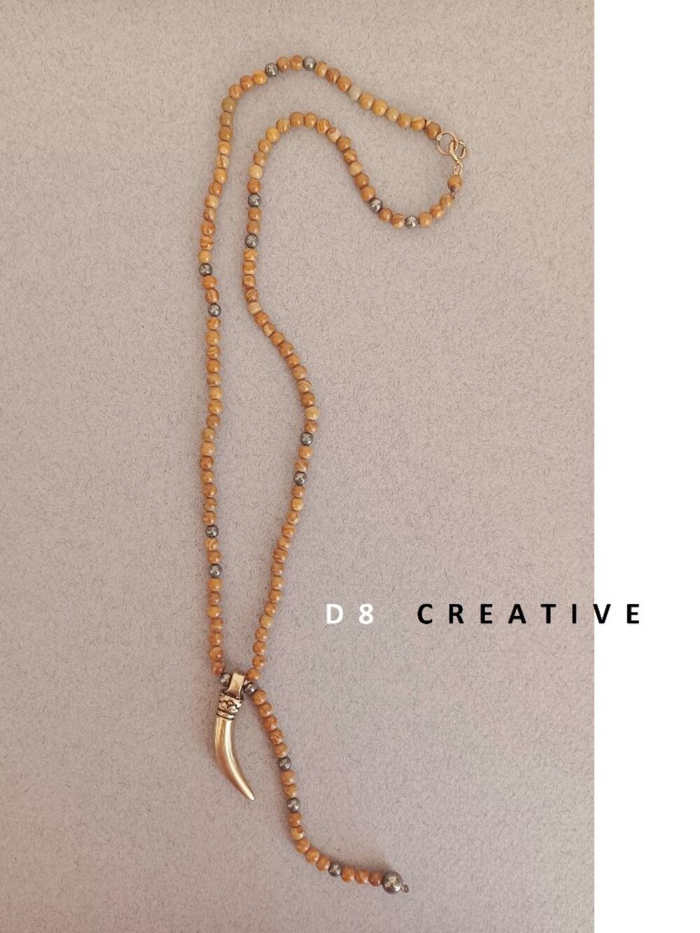 New men's sandalwood stone with steel horn pendant necklace